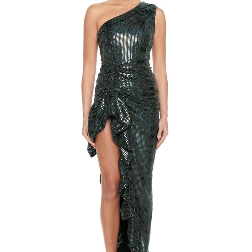 

Summer Ladies Solid Color Green One-Shoulder Sequins Ruffled High Slit Open Back Sexy Party Club Dress 210525