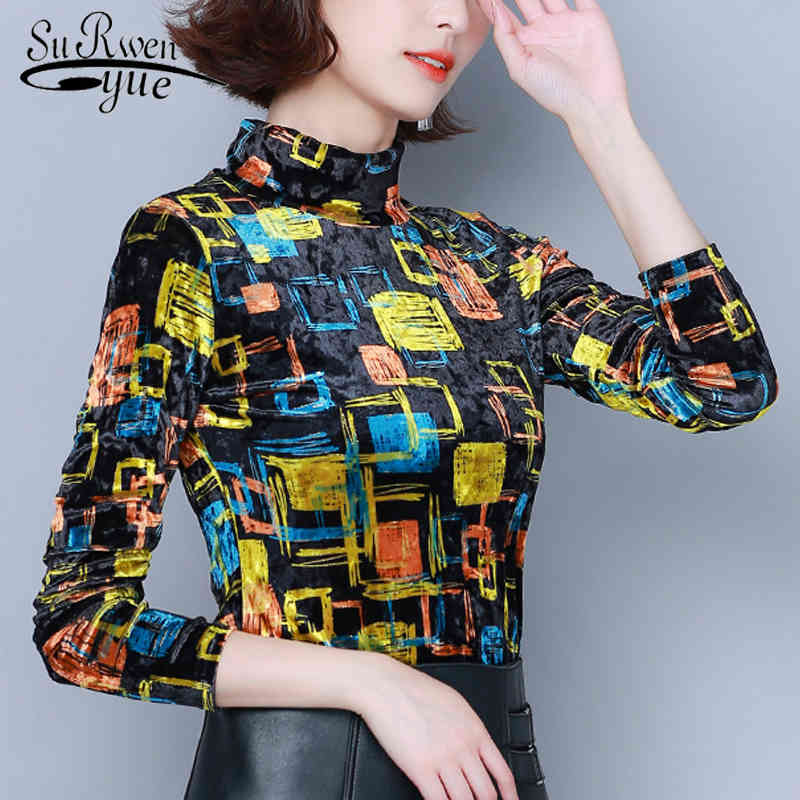 

Print Pullover Slim Women Shirts Autumn Fashion Long Sleeve Turtleneck Blouses Plus Size Ladies Tops 6513 50 210521, Red grid