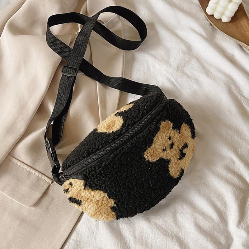 

Korean Style Crossbody Bag Women Tote Bags Cartoon Bear Shoulder Print Lambs Wool Fleece Vintage School Brown Waist