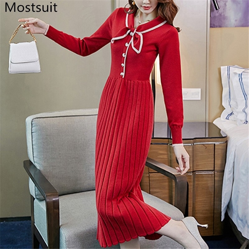 

Korean Elegant Knitted Long Sweater Dress Women Full Sleeve Bow Collar Single-breasted Dresses Fashion Ladies Vestidos 210518, Red