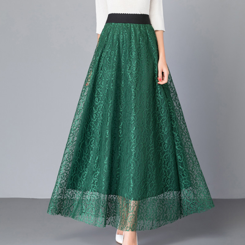 

Casual Dresses Spring Crochet Floral Lace Elastic Maxi Long Skirt A-line Big Flared Summer Ankle Gauze Skirts Green Burgundy GZ1R, Black