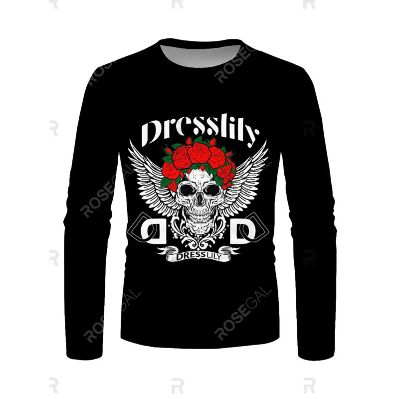 

Halloween men's skull flower print long sleeve T-shirt, Black