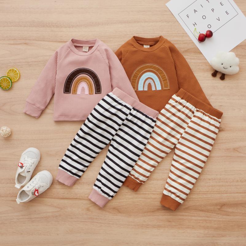 

Clothing Sets Baby Girls Casual Outfits Rainbow Pattern Long Sleeve O Neck Pullover + Striped Pants Spring Autumn 2Pcs Clothes Set 6-24M, White
