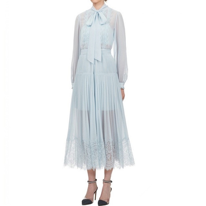 

Arrival Autumn Vintage Elegant Chiffon Lace Long Dress Women Sleeve Bowknot Collar Pleated Dresses Vestidos 210520, Photo color