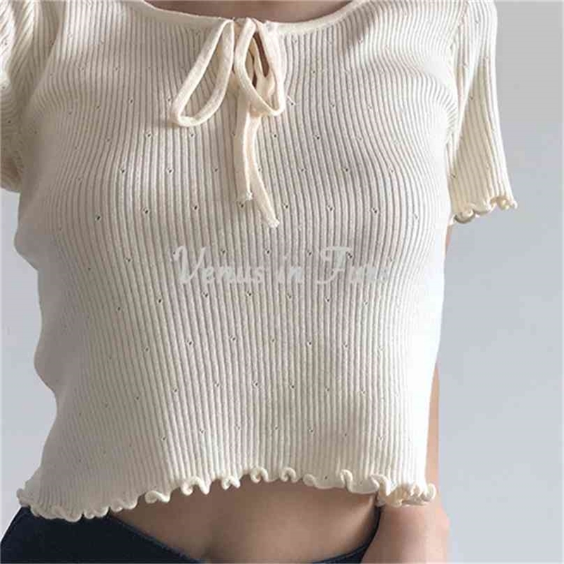 

Women Short Pullover Top Summer Sleeve Slim Body Crop Sweater Ladies Korean Chic Bow Knit Tops 210525