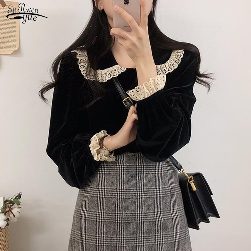 

Autumn Long Sleeve Girls Blouse Solid Vintage Shirt Female Oversize Tops Women Plus Size Blouses Femme Blusas 11606 210521, Black