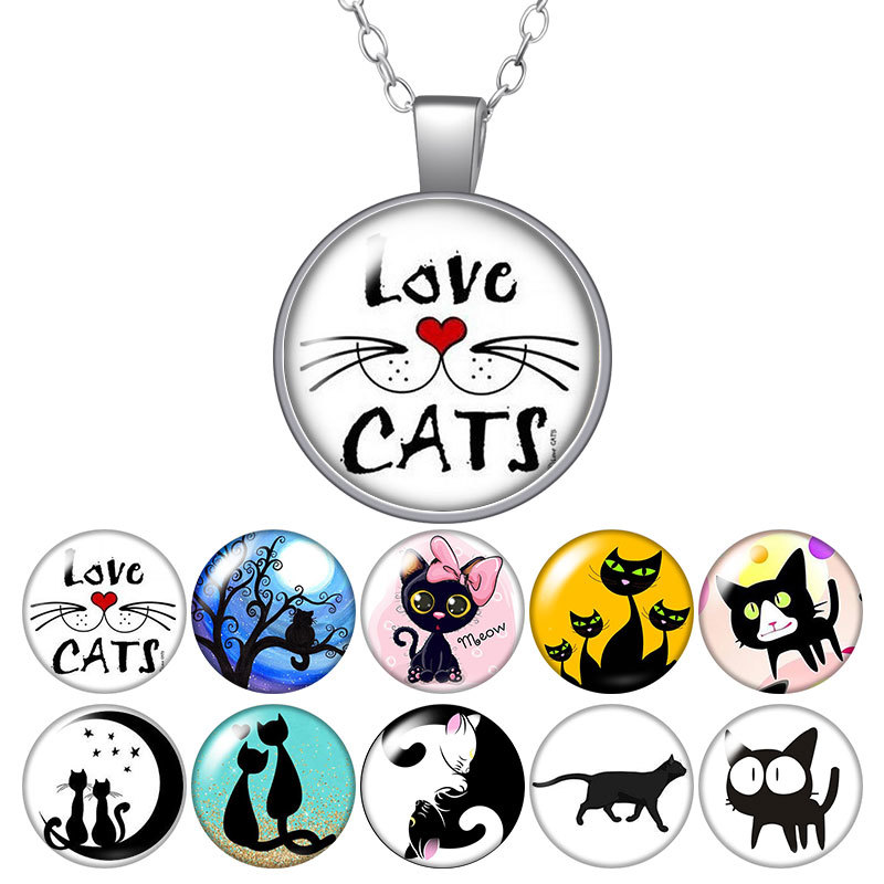 

Lovely Black Cats Love Pet Cute Cat Round Pendant Necklace 25mm Glass Cabochon Silver Plated Jewelry Women Birthday Gift 50cm