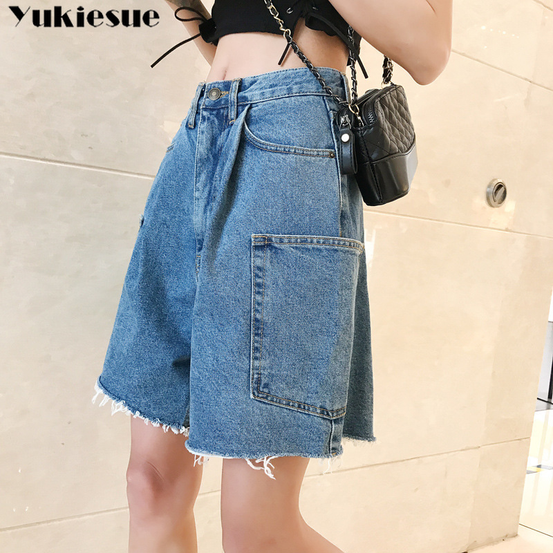 

boyfriend Women' Denim Shorts Vintage High Waist ripped Wide Leg Female Caual Summer Ladies Jeans For Women Plus size 210518, Blue