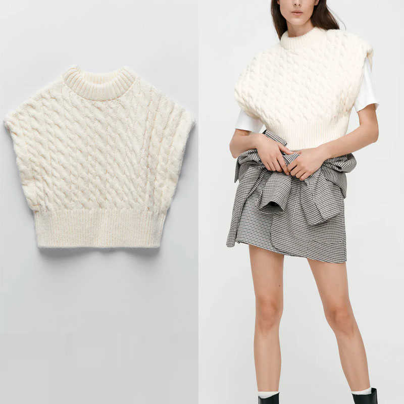 

ZA Cable Knit Cropped Vest Women Sleeveless O Neck White Knitted Top Female Chic Ribbed Loose Vintage Sweater 210602