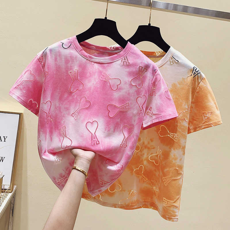

S-XXL Top Tees Short Sleeved Female Tshirt Harajuku Retro Tiedye Printing Loose Trend Wild Couple Female T-shirt Clothes 210604, Yellow