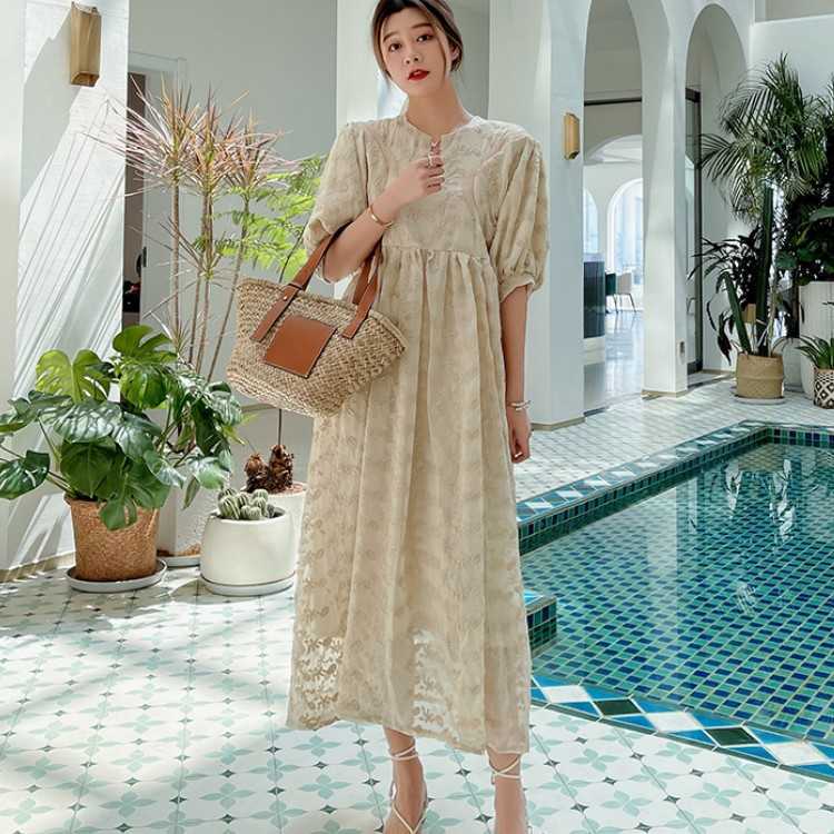 

Vintage Boho Elegant Fashion Embroidery Casual Loose Dress Summer Ladies Puff Sleeve Holiday Long Vestidos 210526, Photo color
