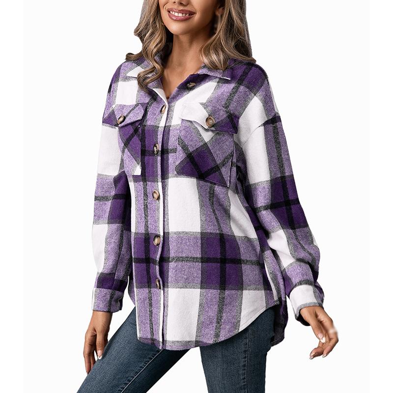 

Women's Jackets Women Plaid Shirt Coat Long Sleeves Loose Fit Blouses Tops Pocket Front Button Down Collar Casual Jacket Autumn, Black;brown