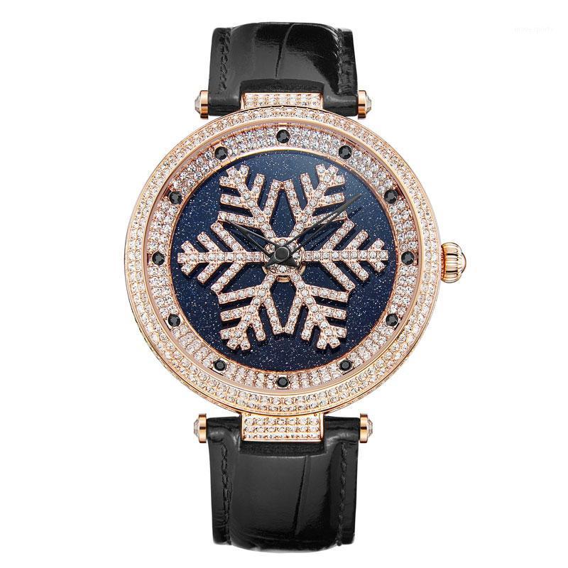 

Wristwatches 2021 Snowflake Quartz Watch Women Rose Gold Bracelet Watches Lady Full Diamond Female Leather Waterproof Clock Brand, 31892-blue