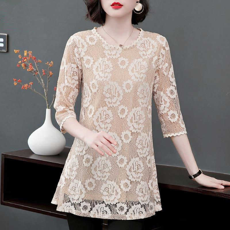 

Women Spring Summer Style Lace Blouses Shirts Lady Casual Half Sleeve O-Neck Flower Printed Blusas Tops DF3737 210609, Beige