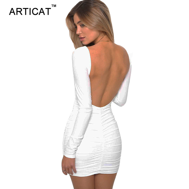 

articay long sleeve stretchy backless dress short slim pleated bandage pencil mini dress casual spring women bodycon dresshigh quality, Black;gray