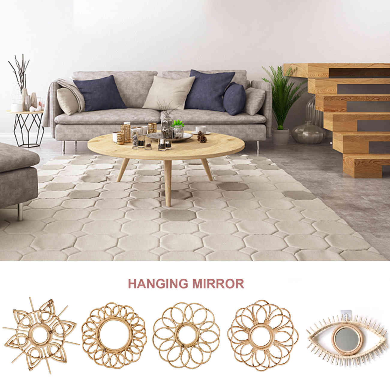 Rattan Mirror Frame Style Crafts Flower Frame Creative Photo Hanging Wall Mirror Frame Living Room Bedroom Decoration-image-689791798