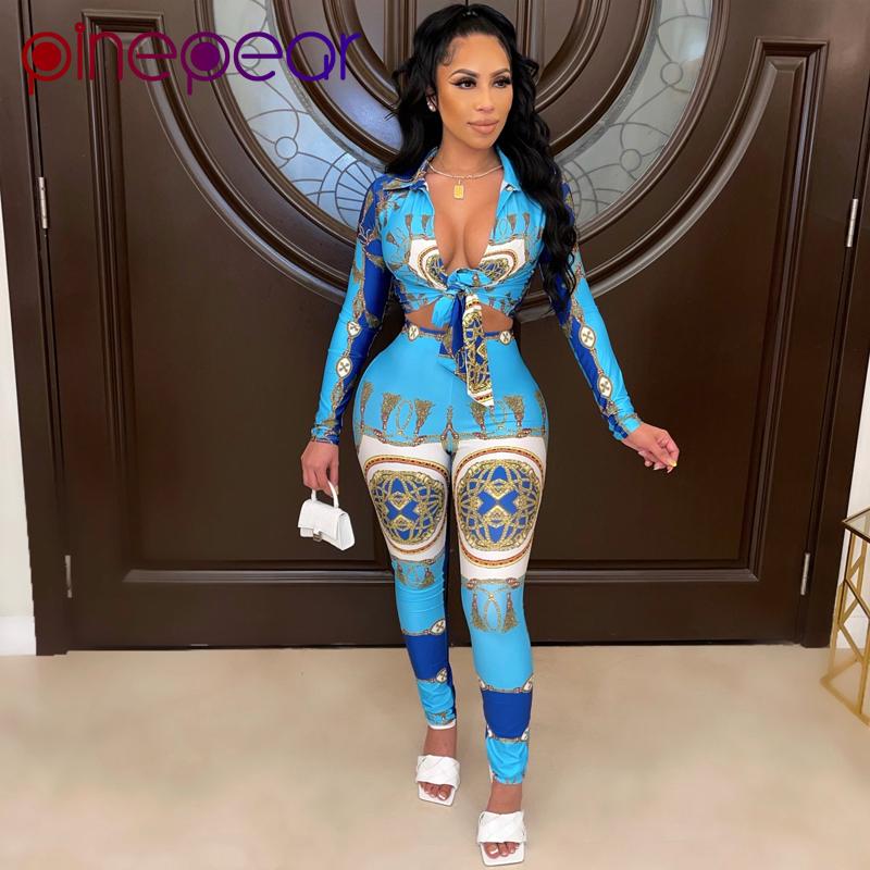 

Women's Two Piece Pants PinePear Women Winter Bandage Long Sleeve Crop Top + High Waist Pencil Fashion Printed Female 2 Pieces Sets, White