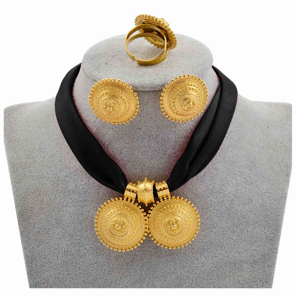 

Anniyo DIY Rope Chain Ethiopian Jewelry Set Gold Color Eritrea Ethnic Style Habesha Pendant Earrings Ring #217106, Silver