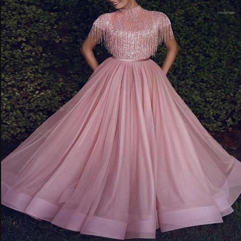 

Sexy Long Dress Women Sleeveless Pink Sequin O Neck Asymmetrical High Street Dance Wedding Prom Party Night Fashion Dresses Top Casual