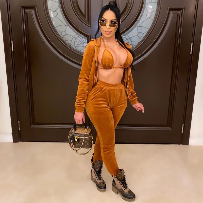 

Women's Two Piece Pants 3 Set Bra Top Zipper Jacket Hoodies Velvet Tracksuit For Women Sexy Casual Sportwear Jogger Femme Suit, White