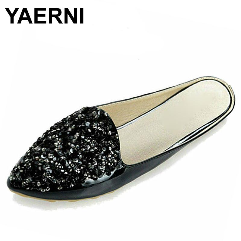 

Slippers YAERNI Casual Women Big Size 43 PU Flat Heel Spring Woman Fashion Bling Point Toe Black White Womens Shoe