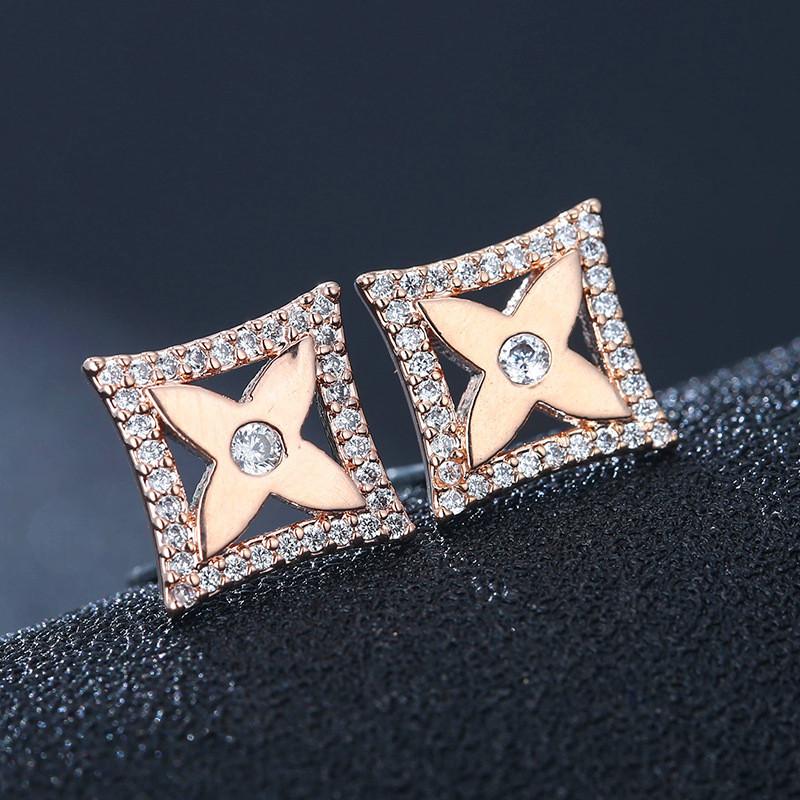 

Stud Dainty Female Crystal Square Earrings Rose Gold Silver Color Earring Cute White Zircon Flower Wedding For Women