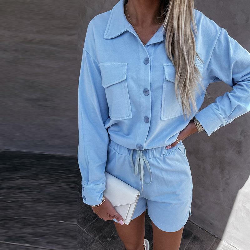 

Women' Tracksuits Pure Color Lace-up Single-breasted Suit Ladies Casual Two-piece Lapel Long-sleeved Shorts Summer 2021, Blue
