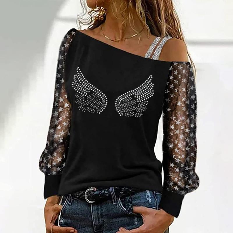 

Women's Blouses & Shirts Lace Blouse Women Sexy Long Sleeves Skew Collar Off Shoulder Patchwork Tee Tops Casual Print 2021 Vintage Clothes, White