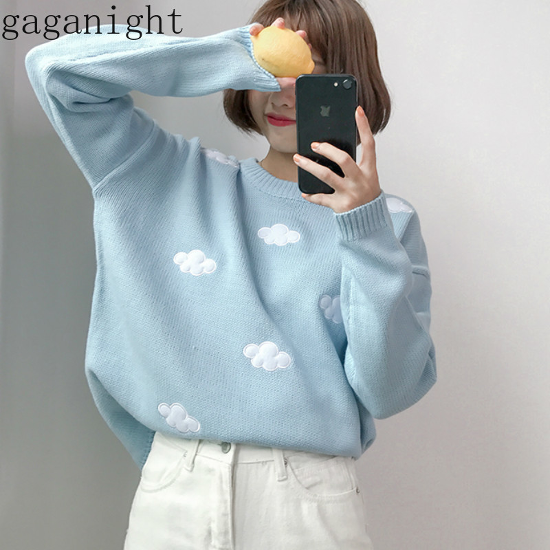 

Gaganight Cloud Embroidery Sweet Kawaii Women Sweater Fashion Winter Girls Pullover O Neck Loose Sweaters Korean Jumper Chic 210519, White