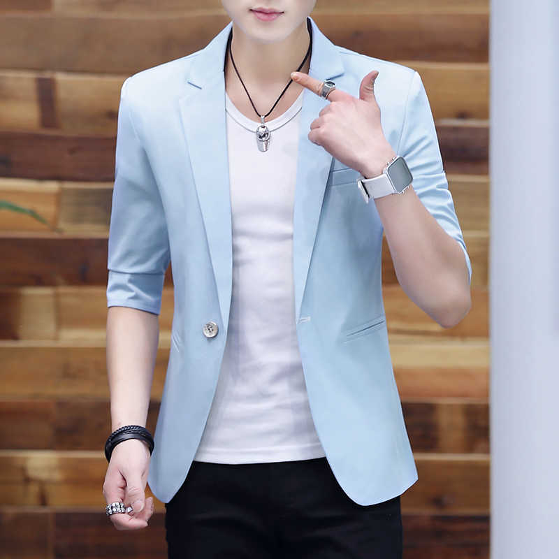 

Summer Mens Suits Blazers Half Sleeve Solid Business Casual Slim Blazer Formal Wedding Blazer Jacket Suit Male Clothing 210527, Sky blue