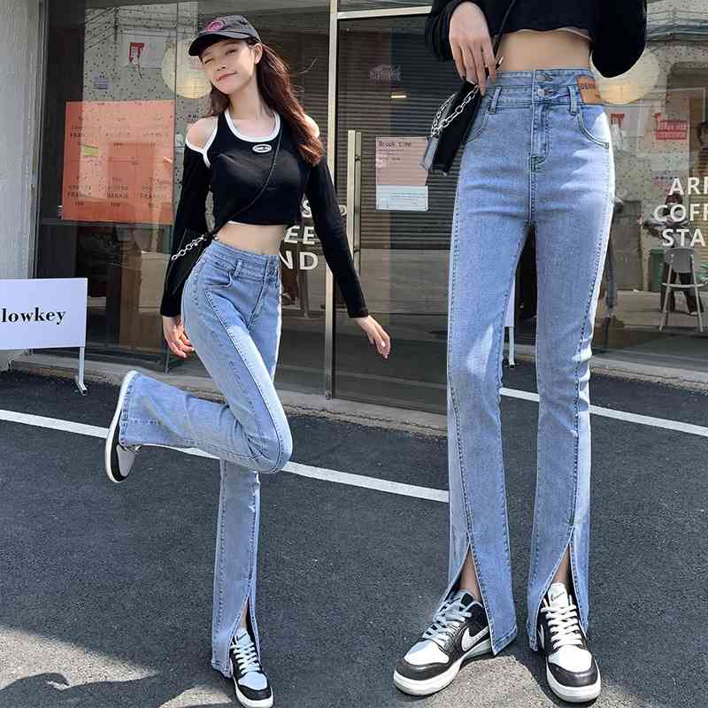 

Split jeans high waist thin wide leg women's autumn 2021 mops new vertical horn pants, Black