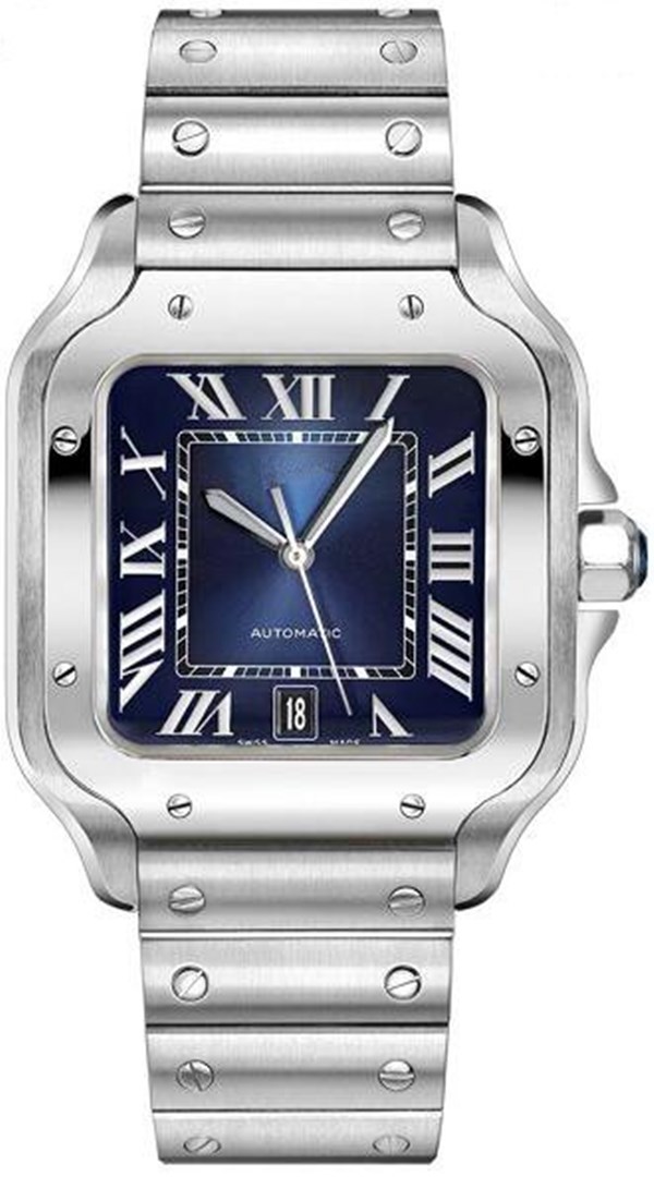 

Man Automatic Movement Watch Stainless watchcase Steel Band Watches Male Clock Blue face 035, Silver 39.5mm with date