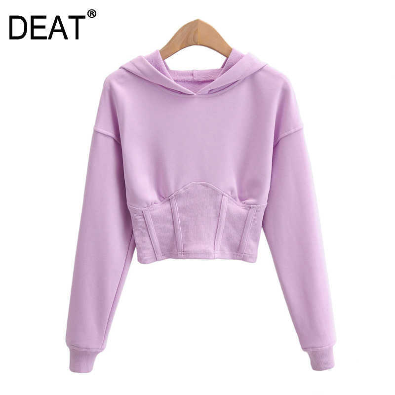 

[DEAT] Loose Fit Short Solid Navel Sweatshirt Hoodies Long Sleeve Women Big Size Fashion Female Autumn 13T451 210527, Green