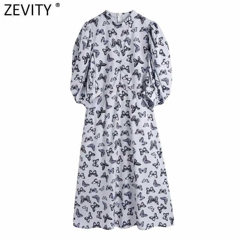 

Zevity Women Vintage Casual A Line Midi Dress Office Lady Chic Pleat Puff Sleeve Brand Party Vestidos DS8224 210603, As pic ds8224cc