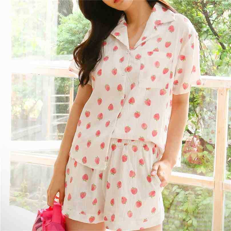 

Summer Chic Short Sleeves Femme Students Printed Strawberries Casual Thin Stylish Women Loose Pajamas Sets 210525, Pink