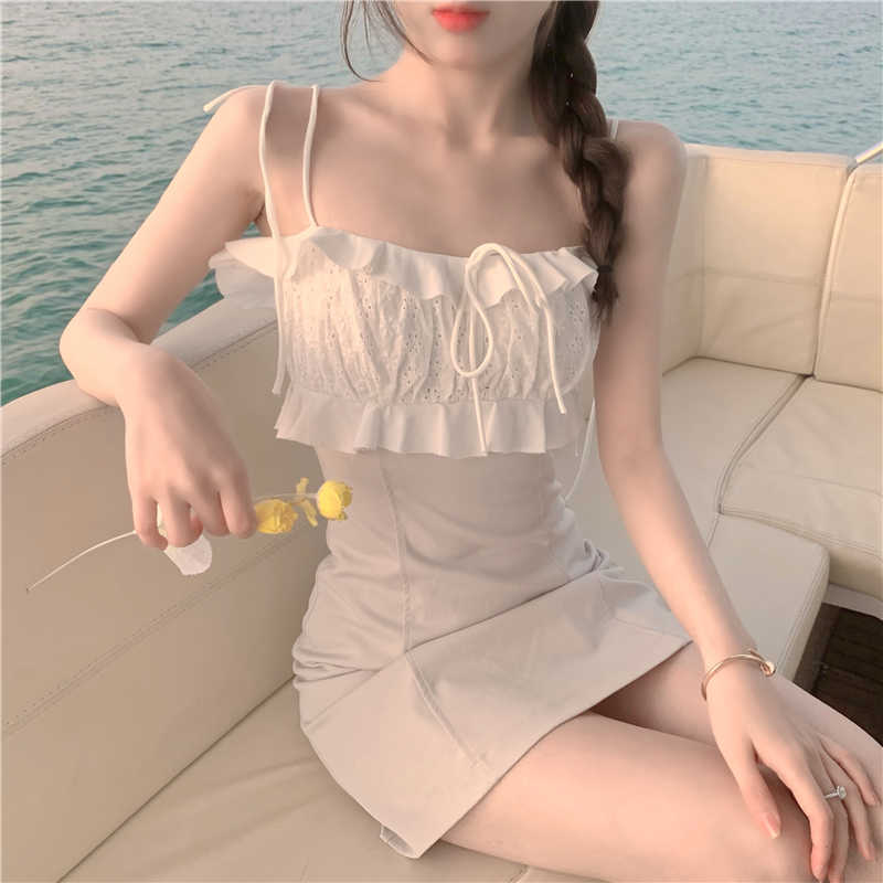 

Summer Mini Sexy Strap Dres White Draw String Club Casual Slim Designer Vintage Party Korean 210604, Apricot