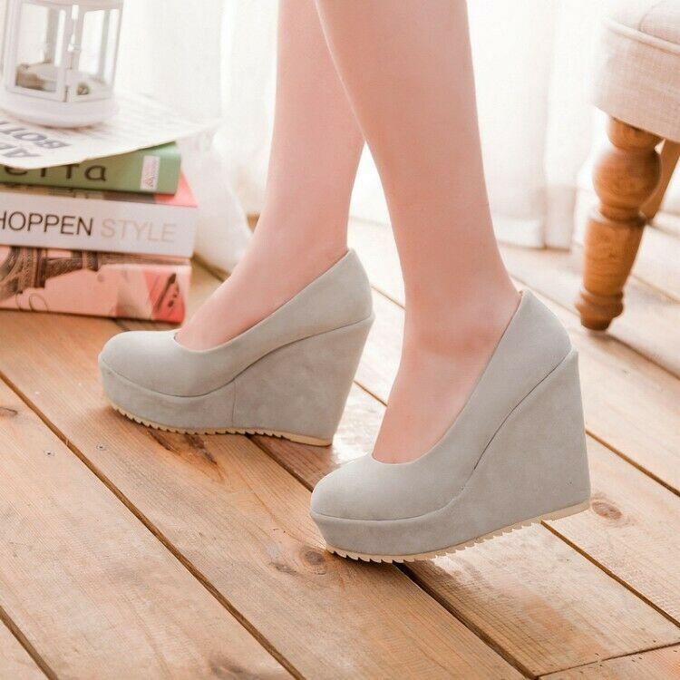 

Dress Shoes Women's High Heels Platform Wedge Pumps Slip On Suede Round Toe, Beige