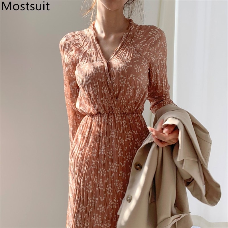 

Autumn Floral Printed Korean Vintage Long Dress Women Sleeve V-neck Pleated Dresses Fashion Elegant Ladies Vestidos 210518, Black