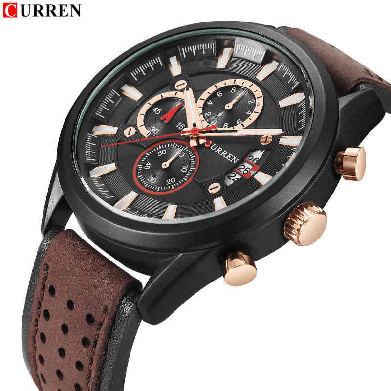 

Top CURREN Watches Men Military Sports Chronograph Wristwatch Men's Leather Waterproof Quartz Watch Male Date Analog Clock 210517
