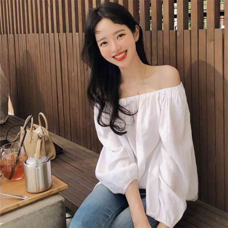 Loose slash Spring femme Casual sexy Solid white Tops Long sleeve Cotton Girls Blouse summer Plus Size Women Blouses 210417Z