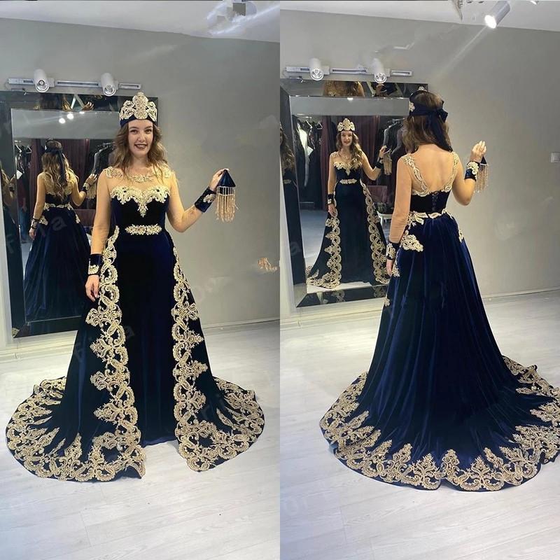 

Party Dresses 2021 Traditional Kosovo Albanian Caftan Evening Long Sleeves Gold Applique Prom Dress Navy Blue Vestido De Novia, Black
