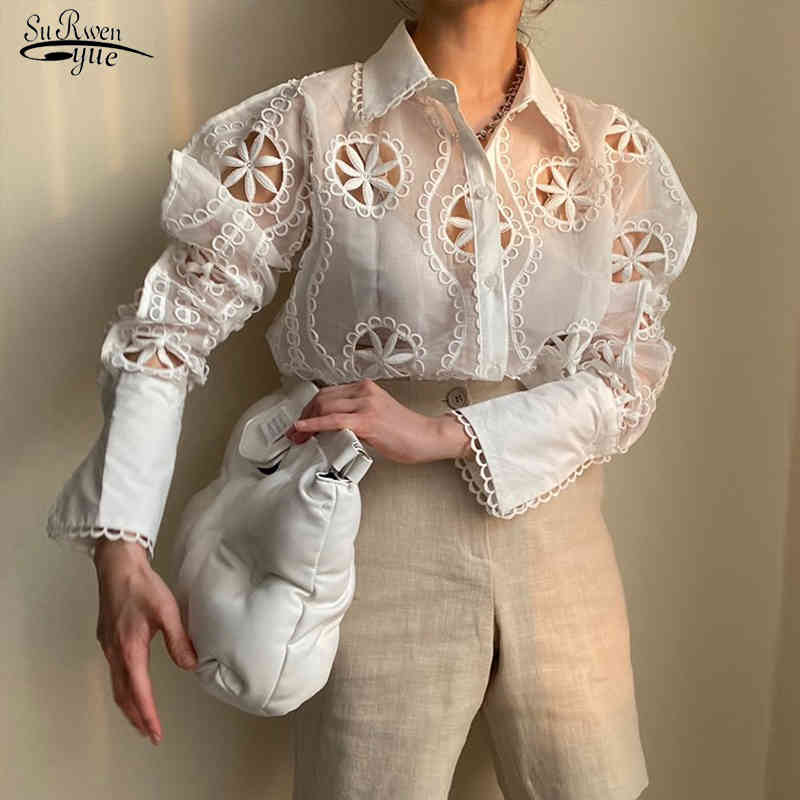 

Lady Sexy See Through Long Sleeve Loose White Blouse Top High Quality Hollow Out Floral Embroidery Elegant Shirt Trend 13369 210521