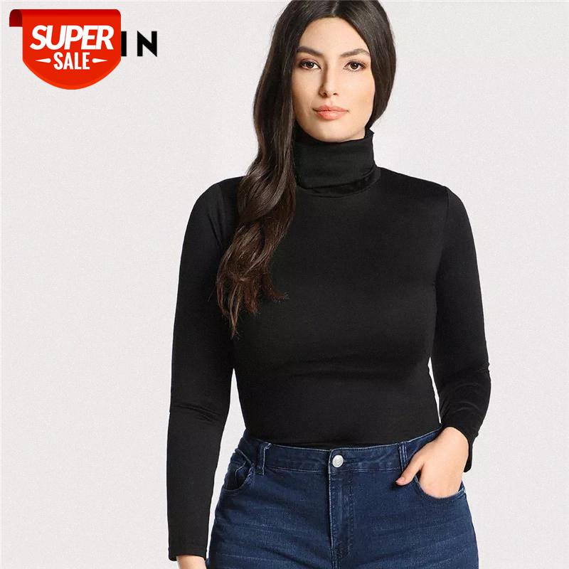 

T-shirt Plus Size Black Casual High Neck Long Sleeve Solid Skinny Womens Top Tees 2018 Autumn Winter Slim Fit Turtleneck T Shirt Party #Fy1G, White