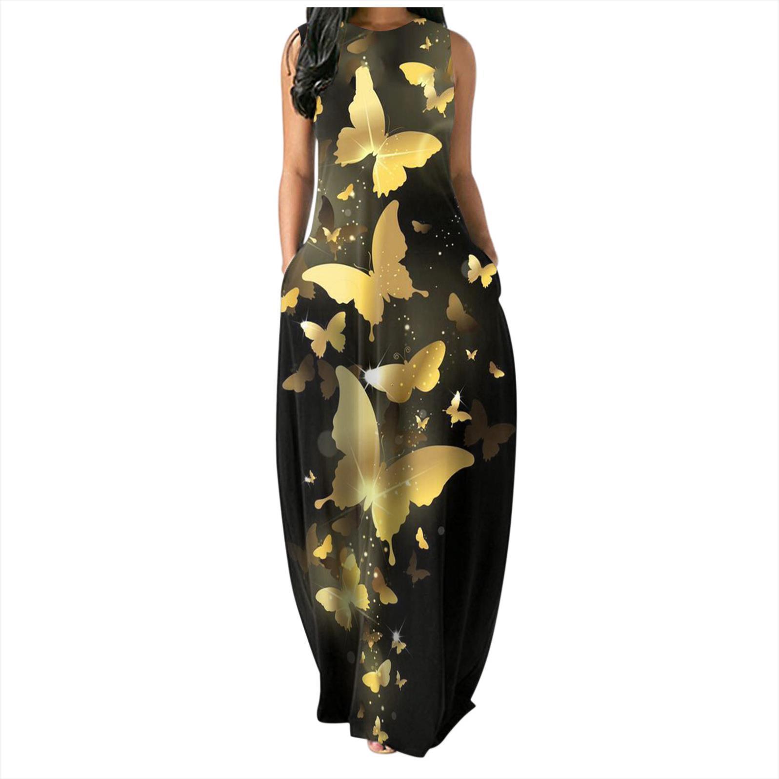 

sleeveless o neck butterfly print women dress vestidos loose plus size summer boho maxi dresses office lady pocket, Black;gray