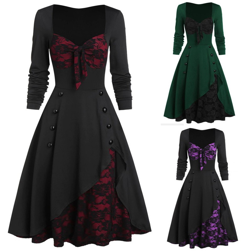 

Christmas Casual Dresses solid color dress skull lace stitching long sleeve retro party carnival, Black