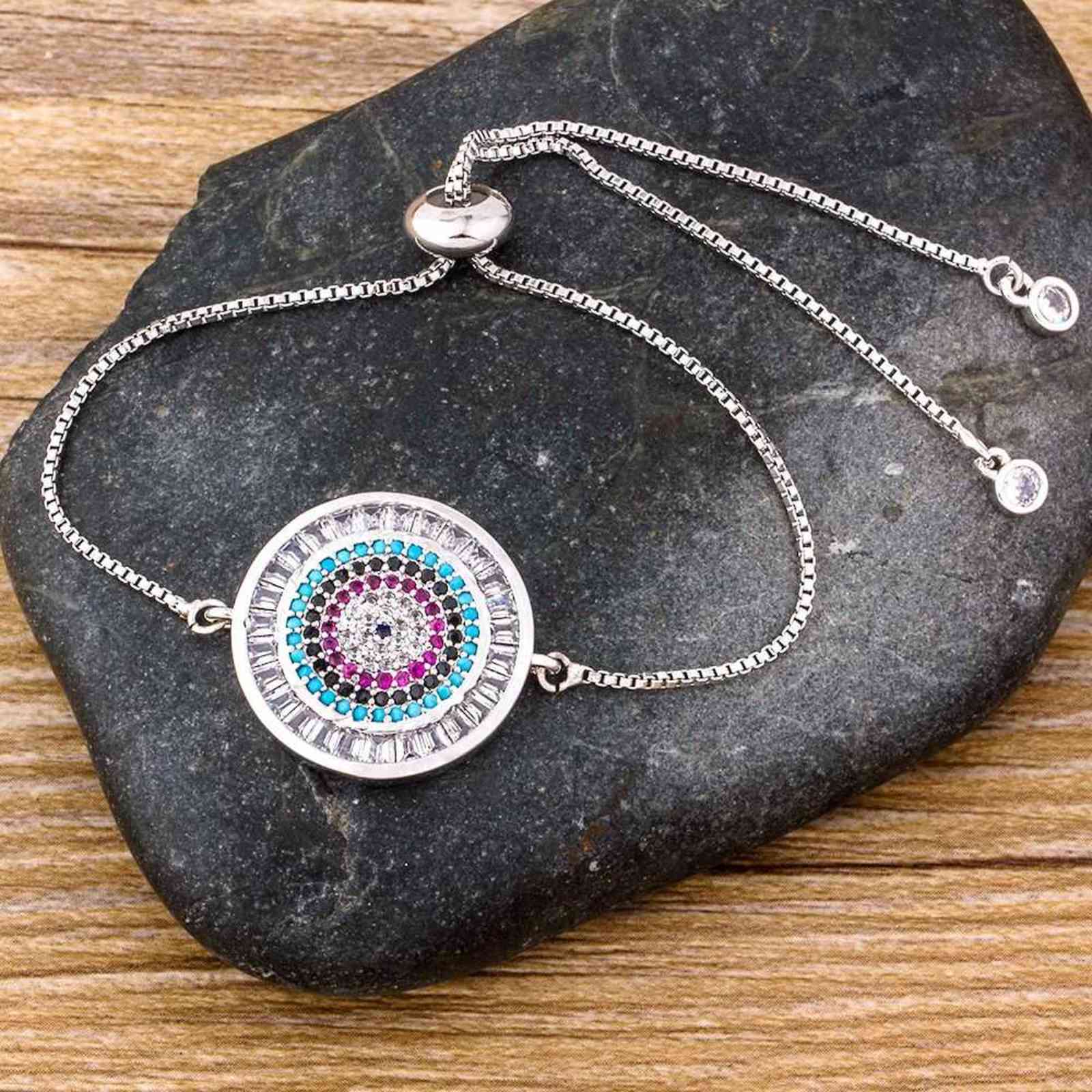

Fashion Gold White Color Copper Cz Evil Eye Chain Bracelets for Women Multicolor Crystal Greek Rainbow Jewelry