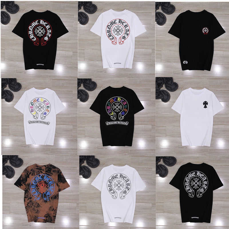 

Fashion summer new fashion 2021 crosin embroidery red horseshoe short sleeve fashion couple men's and women's T-shirt, White;black