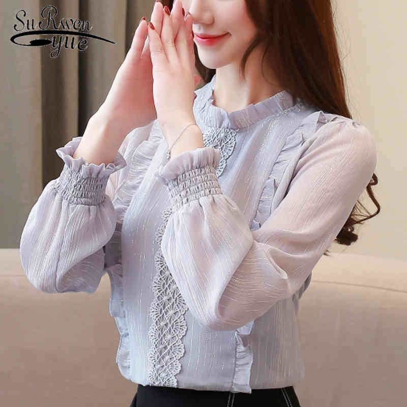 

Autumn Chiffon Casual Elegant Women Blouse Loose O-neck Long Sleeve Puff Clothing Fashion Tops 5361 50 210521, Gray