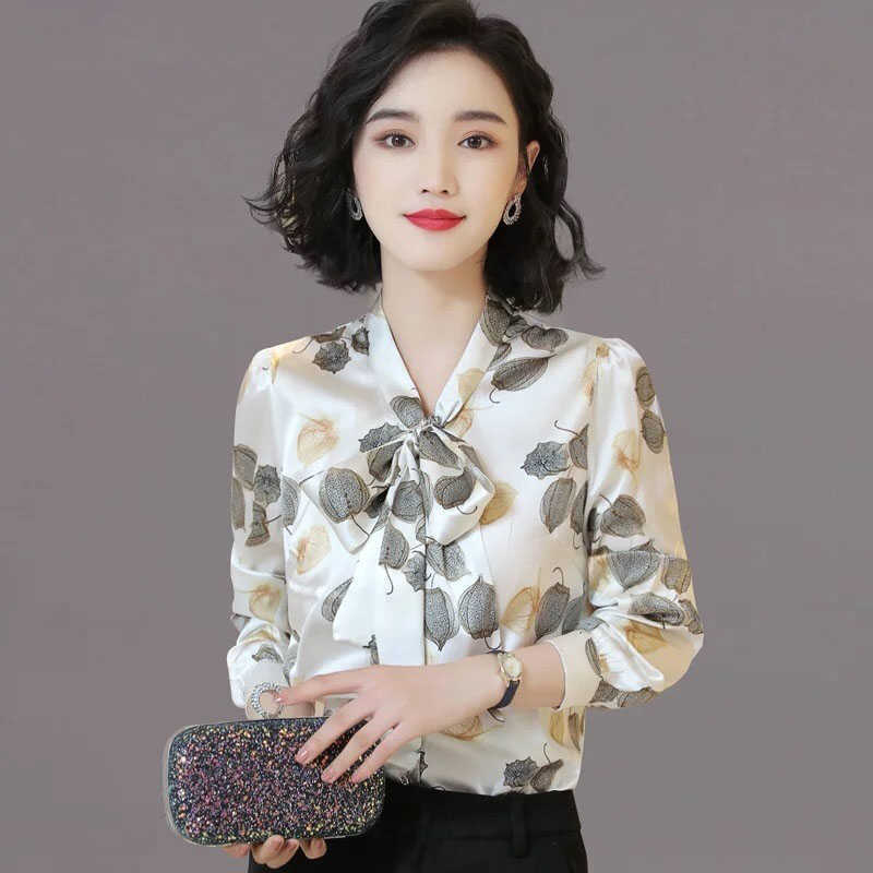 

Office Wear Women Summer Chiffon Blouses Shirts Lady Girls Casual O-Neck Bow Tie Long Sleeve Printed Tops Blusas DF1159 210609