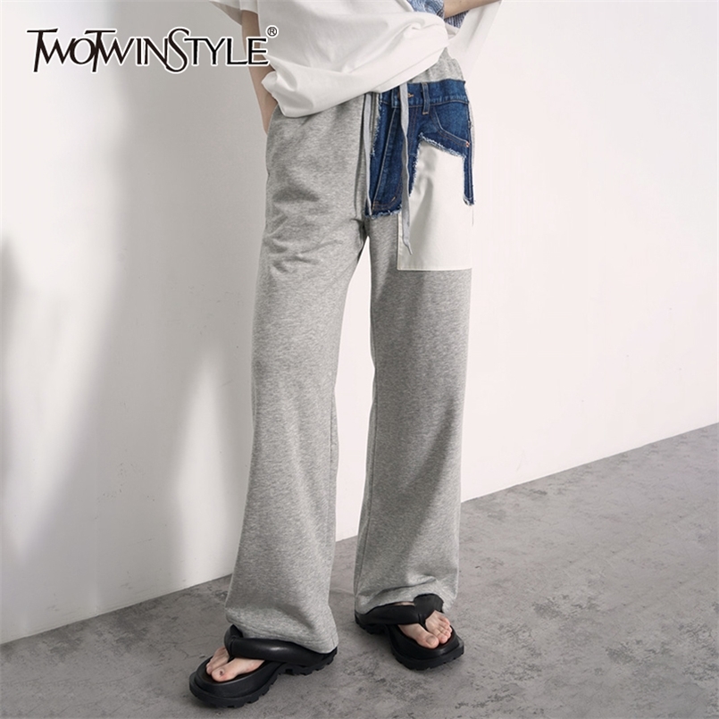 

Gray Casual Patchwork Denim Trousers For Women High Waist Hit Color Lace Up Wide Leg Pants Female Fashion 210521, Black